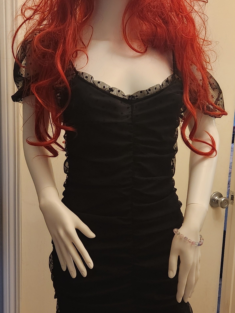 Divided Black Ruched Mini Dress with Sheer Polka Dot Trim